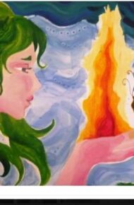 Dipinto che riproduce una donna che alimenta una fiamma con un soffio.